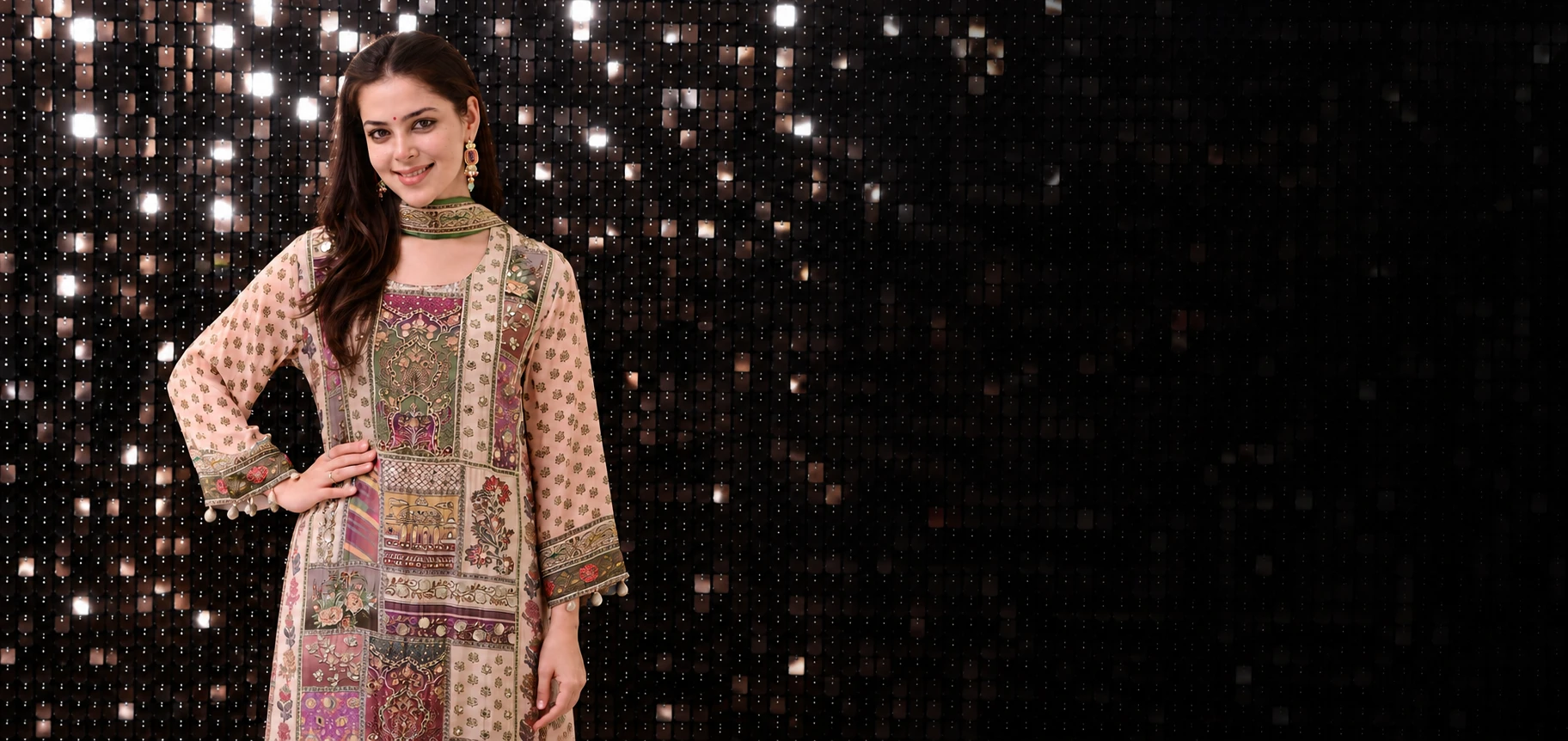 Model in a printed patchwork kurta set with green dupatta against a sequin wall