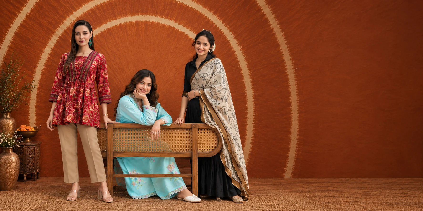 Three models in a red floral top, an aqua embroidered kurta set and a black suit set with printed dupatta